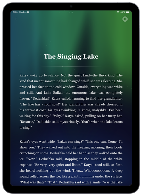 Dreams of Aurora app interface on iPad with calming bedtime story narration